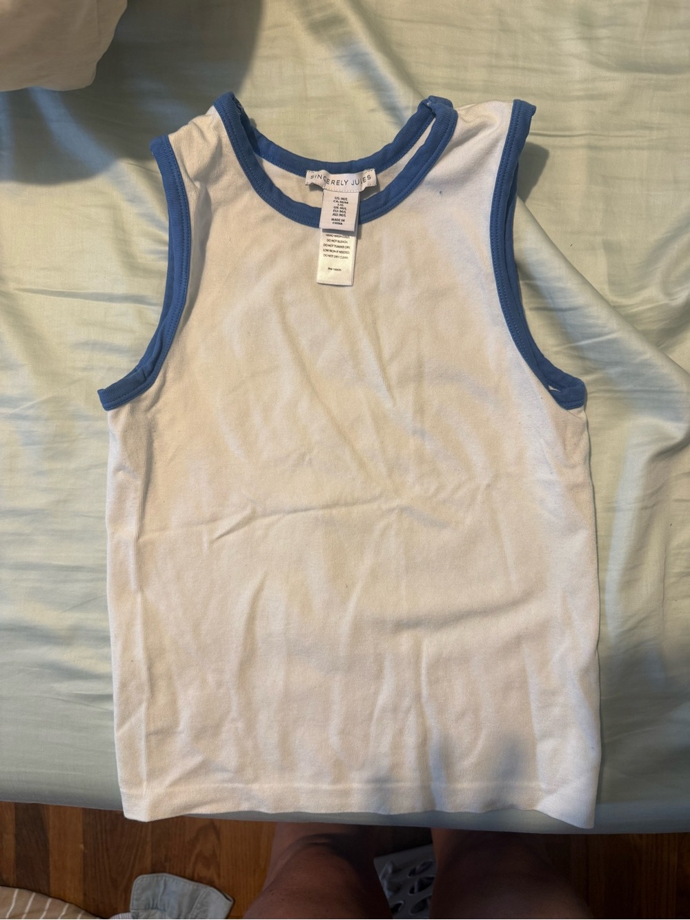 Sincerely Jules White Tank with Blue Trim